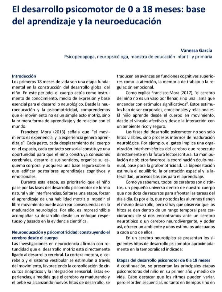 Artículo: El desarrollo psicomotor de 0 a 18 meses: base del aprendizaje y la neuroeducación